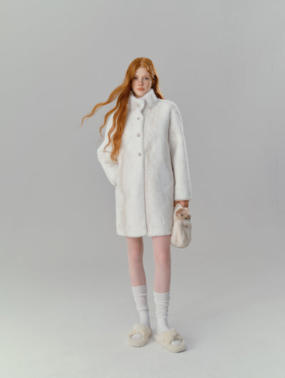 White Cross Half High Collar Eco-friendly Fur Long Coat SAL0089