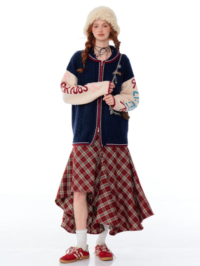 Retro High Waist Slim Medium Long Irregular Red Plaid Skirt ZIZ0190