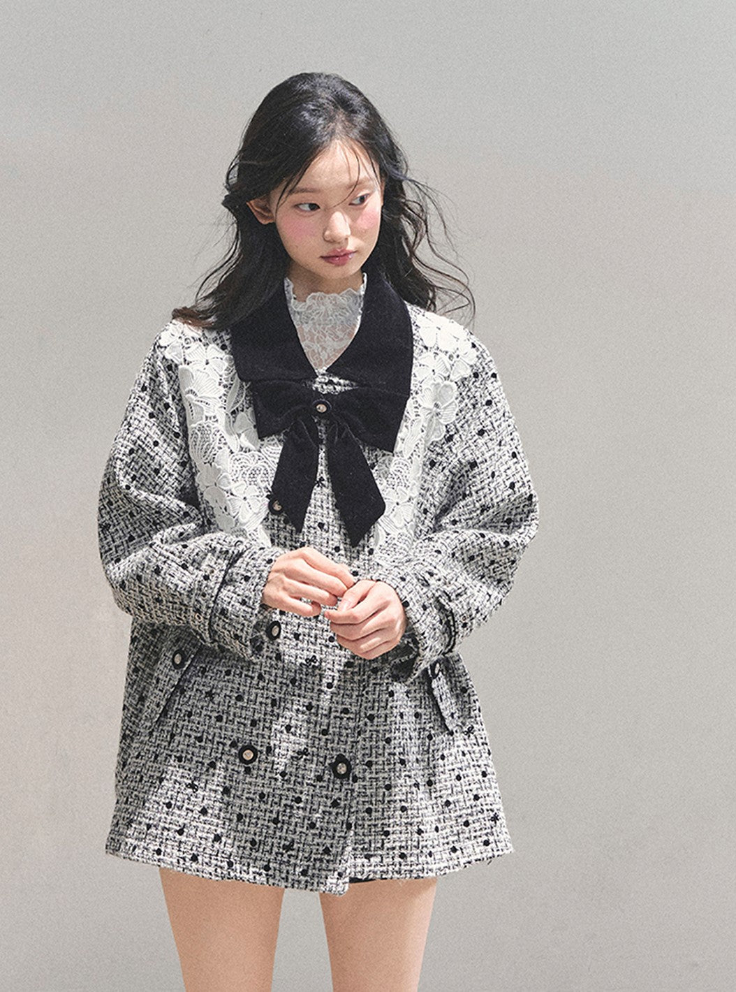 Detachable Bow Lace Plaid Coat DIA0767