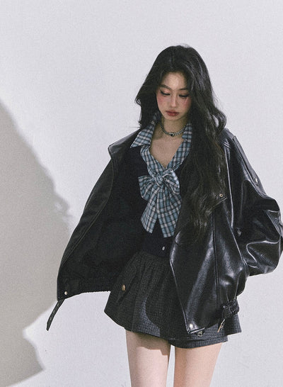 Fake Two-piece Bow Plaid Shirt DIA0599