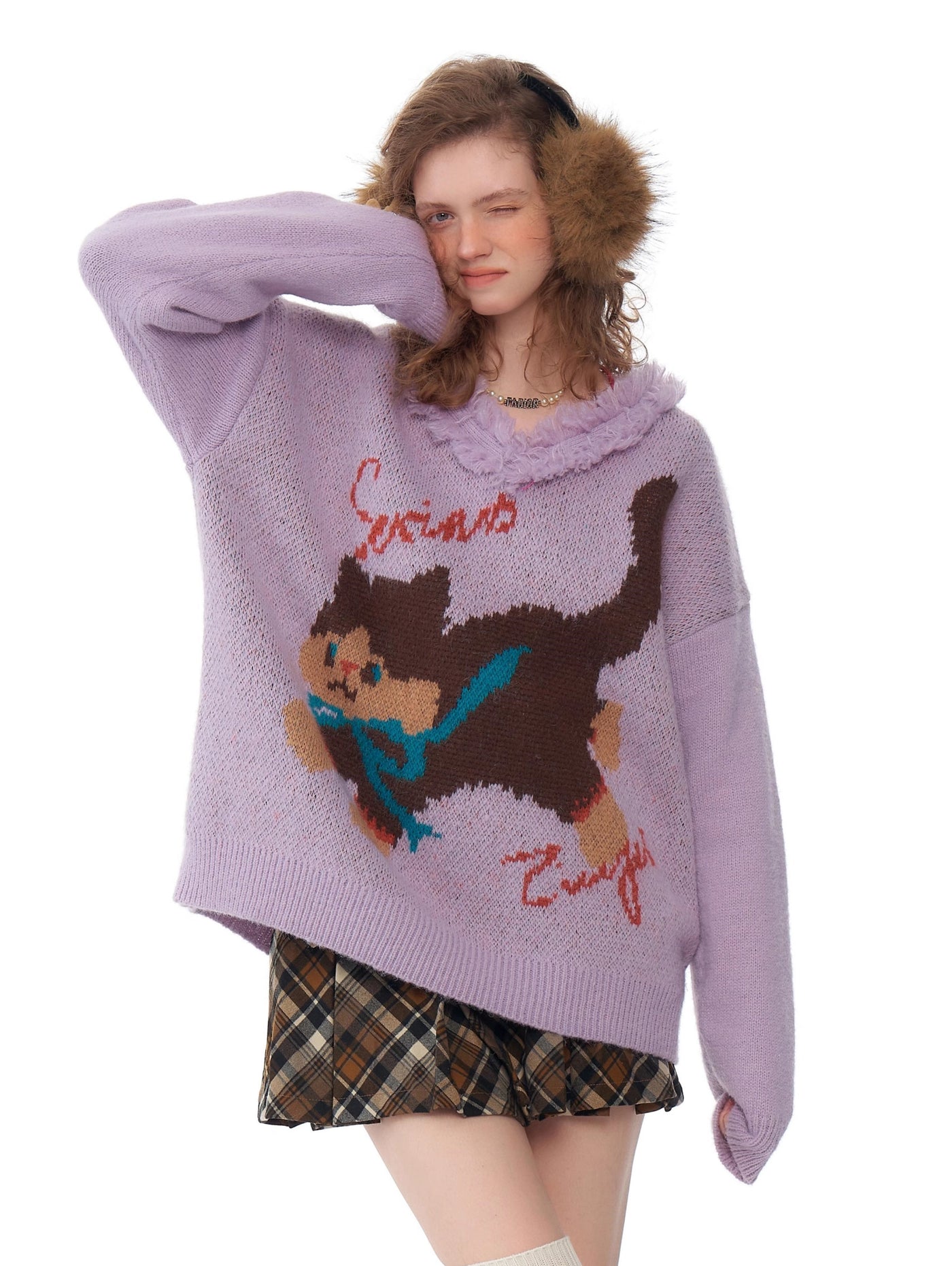 American Retro Design V-neck Lazy Style Loose Cat Sweater ZIZ0191