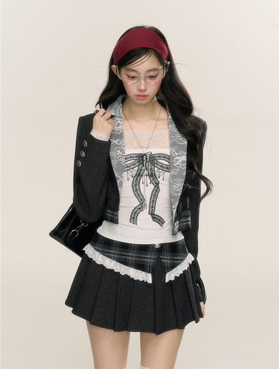 Long-sleeved Short Suit Plaid Jacket/Pleated Skirt DIA0235