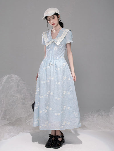 Blue Lace Collar Short Sleeve Dress COT0320