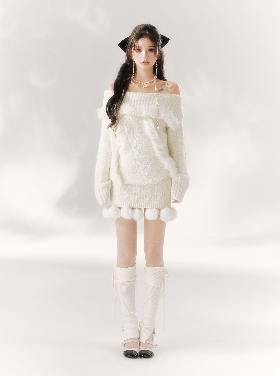 Off-shoulder Plush Fur Knitted Sweater BBB0102