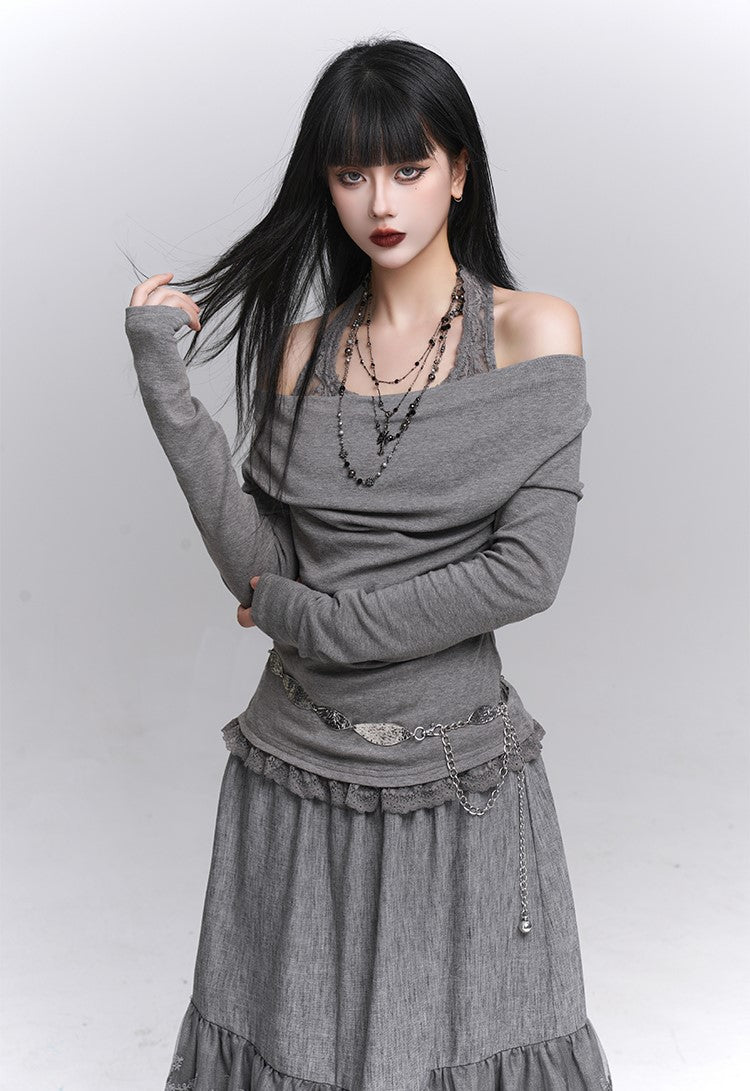 Off-Shoulder Long Sleeve Halter Neck Top LAD0231