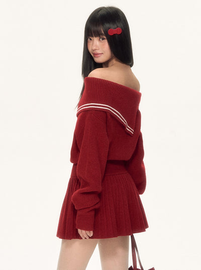 Irregular Navy Collar Off-shoulder Knit Dress WEE0095