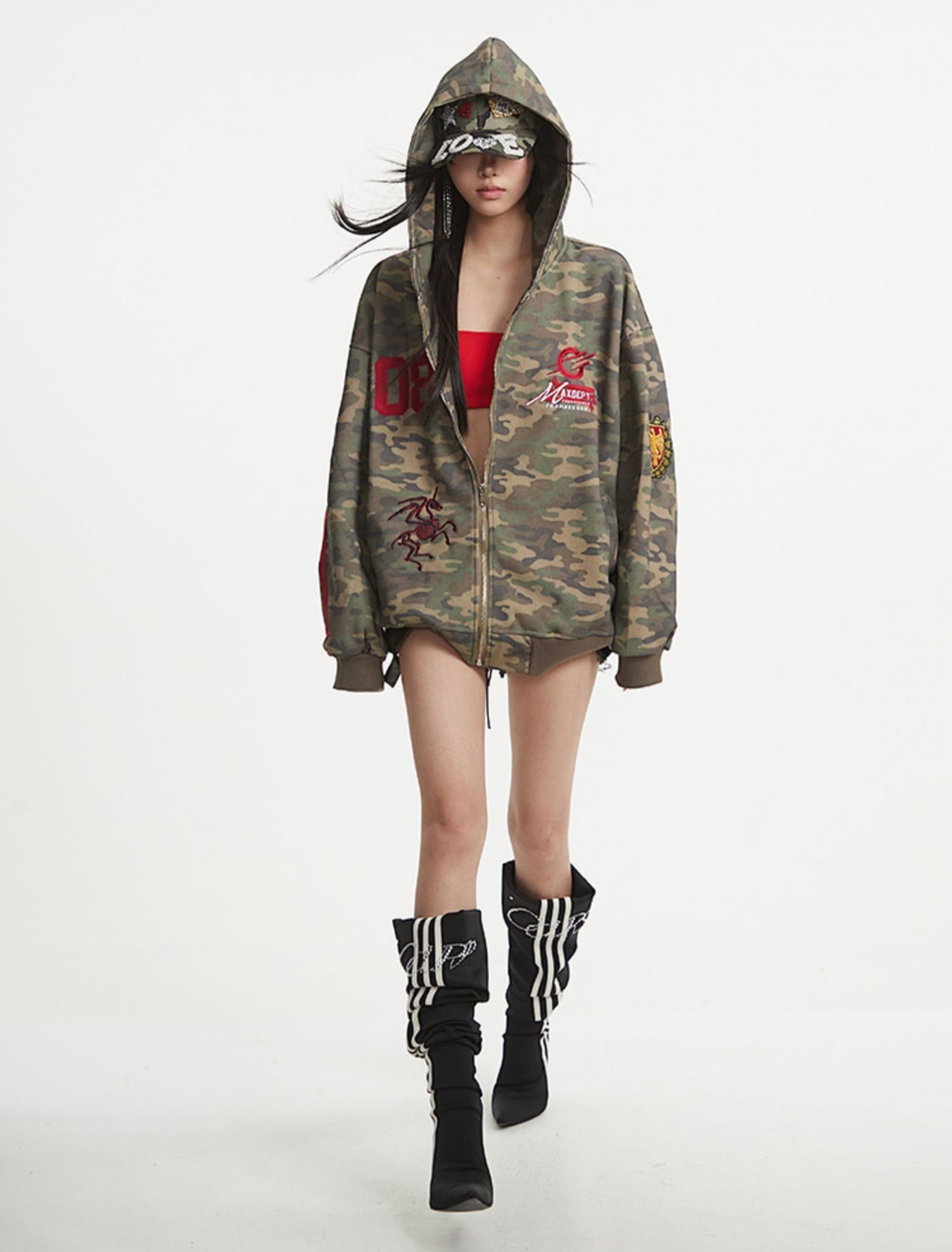 Camouflage Hooded Lazy Zipper Jacket UNC0255