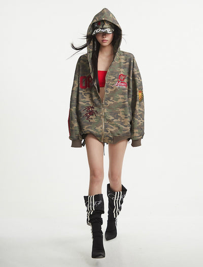 Camouflage Hooded Lazy Zipper Jacket UNC0255