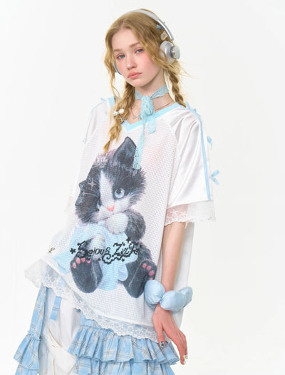 Lace Hem Cat V-neck T-shirt ZIZ0269