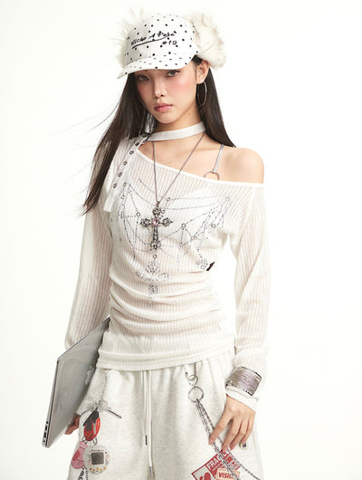 White Cross Design One Shoulder T-shirt UNC0285