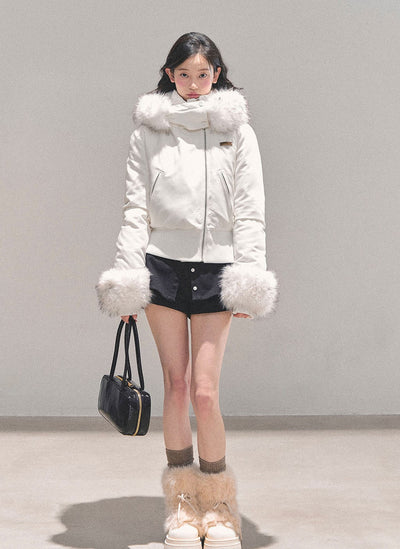 White Fur Hooded Down Jacket DIA0714