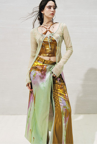 Lace Metallic Cross-strap Top+Cardigan OFA0270