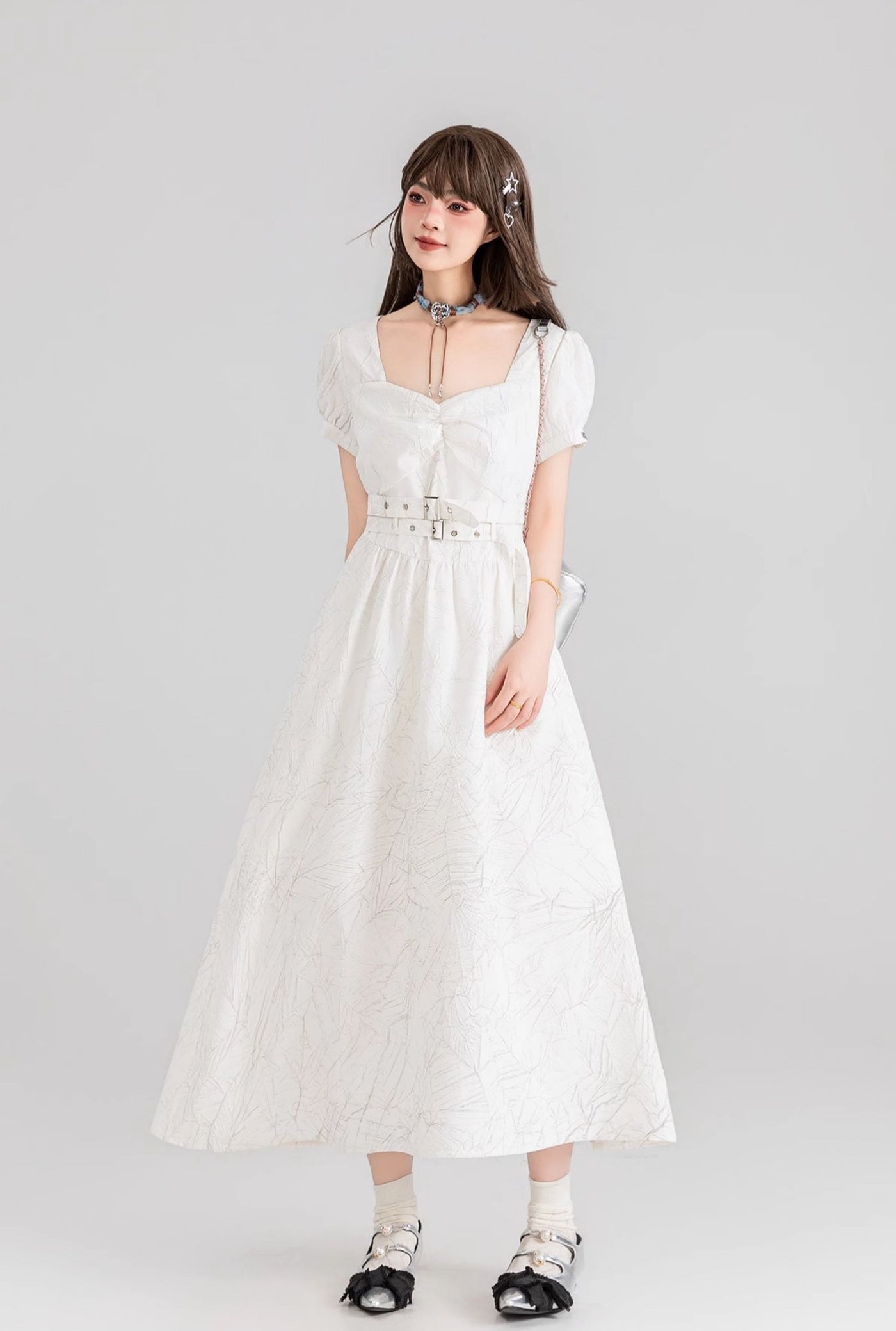 French Belt White Jacquard Square Collar Long Dress KEI0100