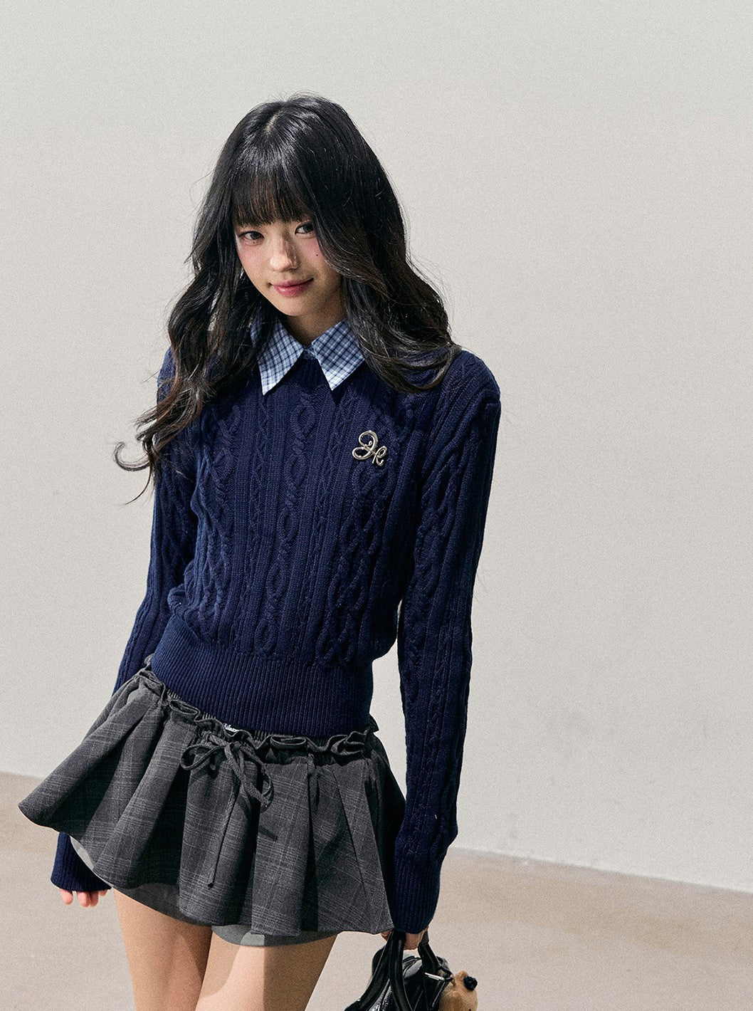 Plaid Collar Cable Knit Sweater DIA0751