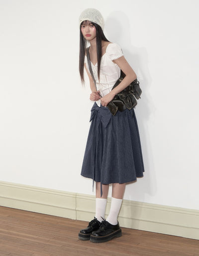 Navy Blue Plaid Bow Midi Skirt SOO0003