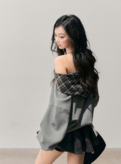 Off-Shoulder Plaid Sweatshirt DIA0765