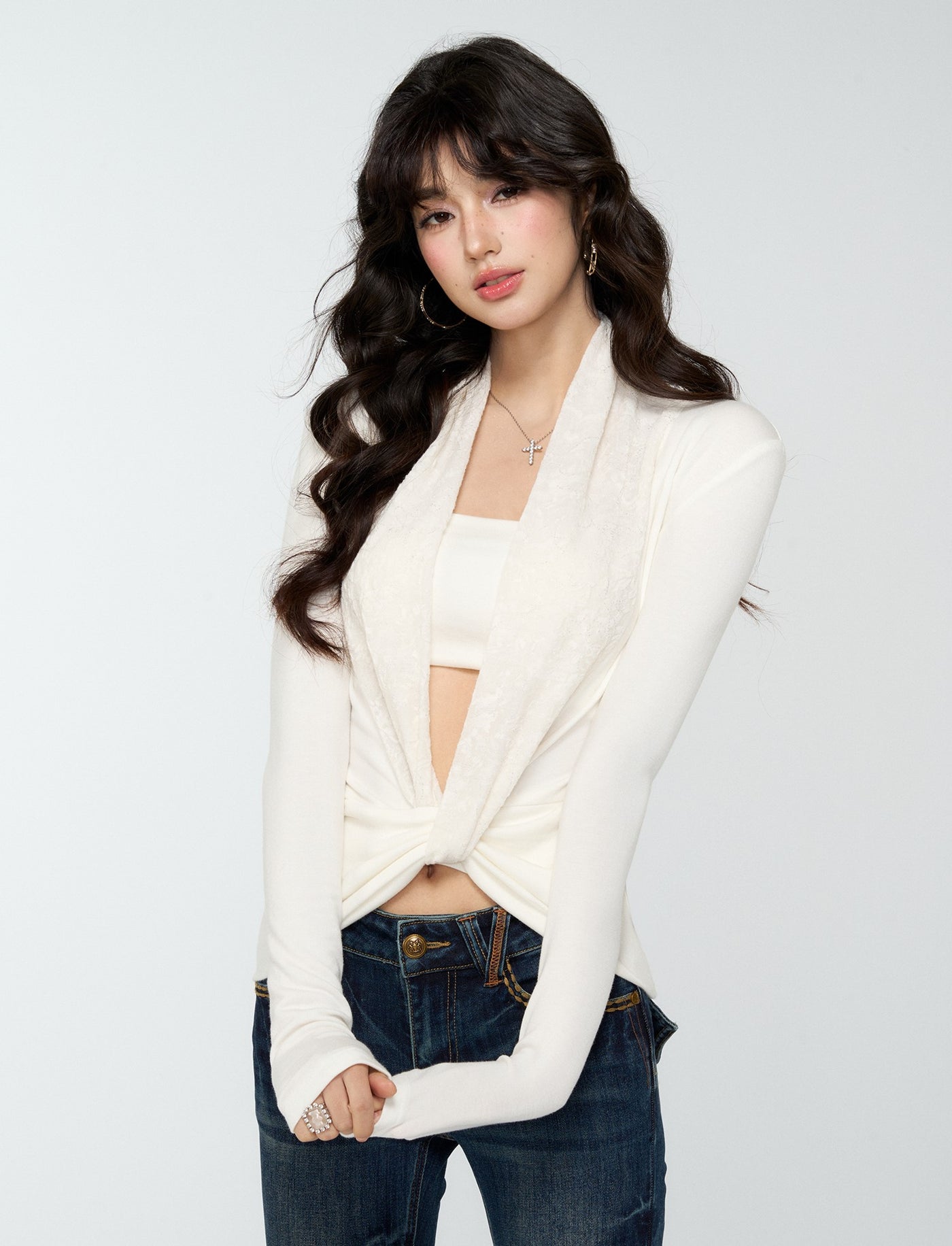 Large V-neck Slim Long Sleeve T-shirt+Tube Top 4MU0178