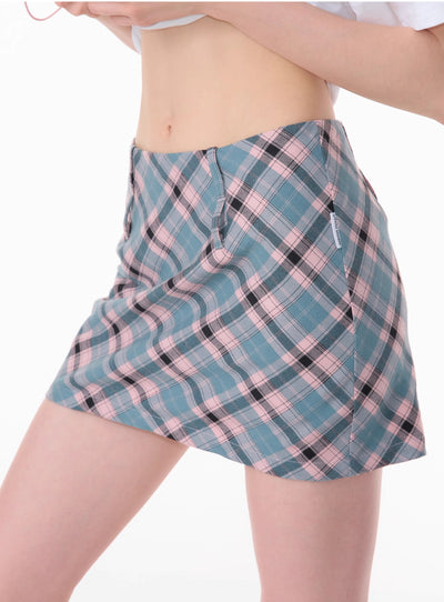 American Retro High Waist Slim Pink Blue A-line Plaid Short Skirt ZIZ0130