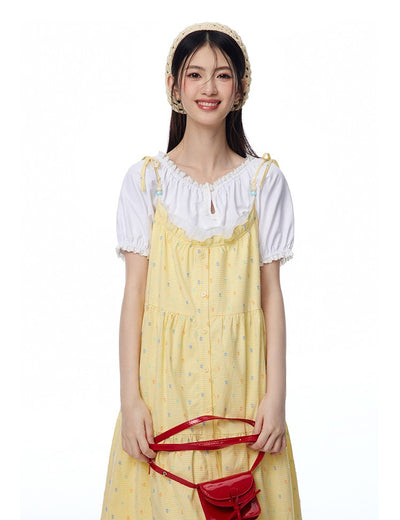 Yellow Dotted Open-front Loose A-line Suspender Dress/White Shirt NTO0090