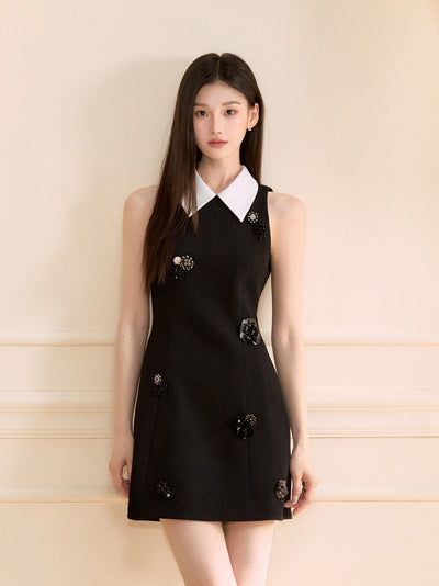 Black Sleeveless Beaded Flower Dress OSH0121