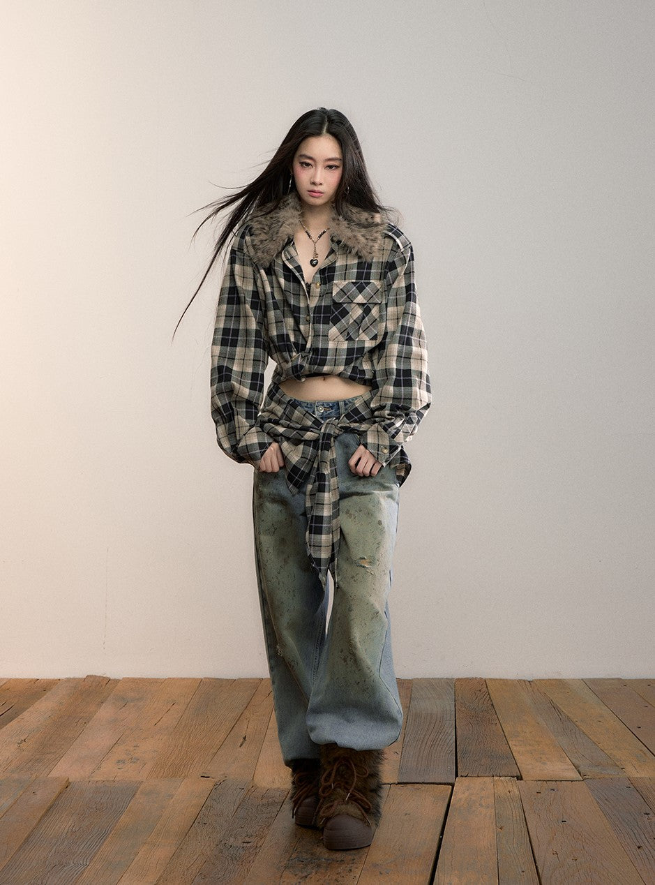 Detachable Fur Collar Plaid Shirt VIA0345