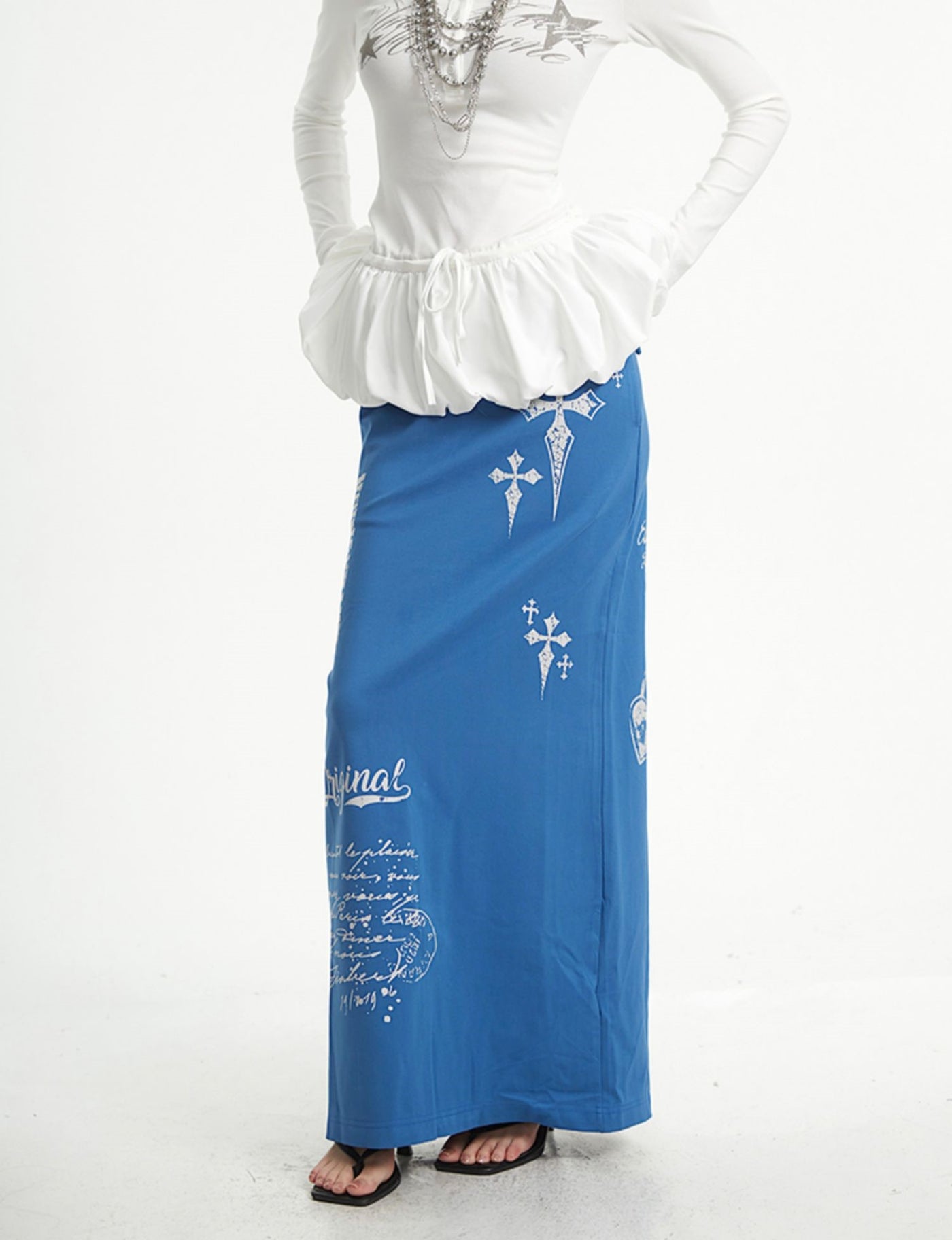 Cross Print Slit Straight Skirt UNC0270