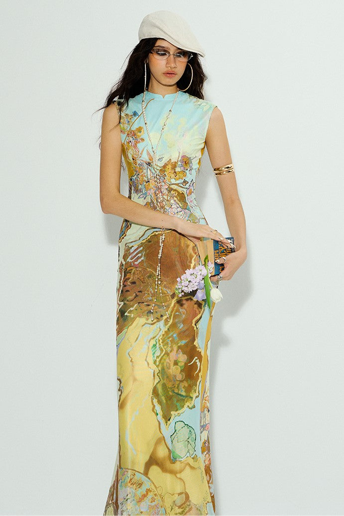 Contrast Color Printed Chinese Dress OFA0245