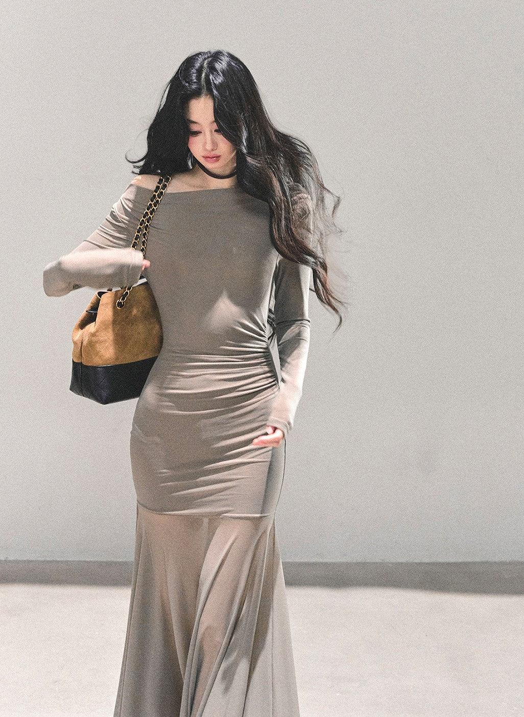 Off-shoulder Slimming Sheer Dress DIA0697