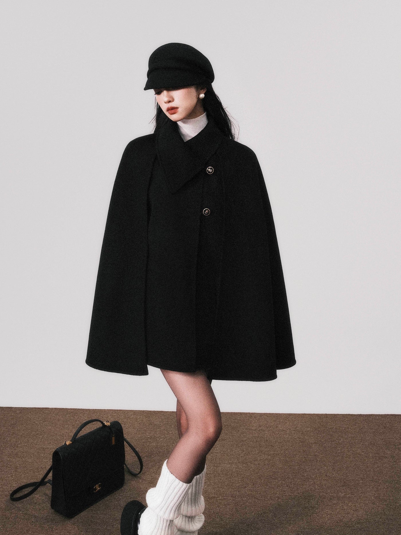 Double-sided Wool Black Wool Shawl Cape Coat LUL0109