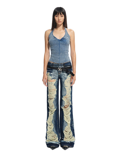 Washed Twill Denim Low-Rise Ripped Jeans NOT0313