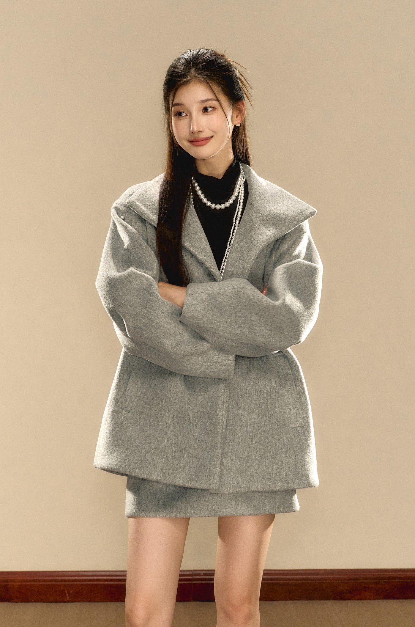 Grey High-end Beaded Loose Wool Jacket/Skirt OSH0088