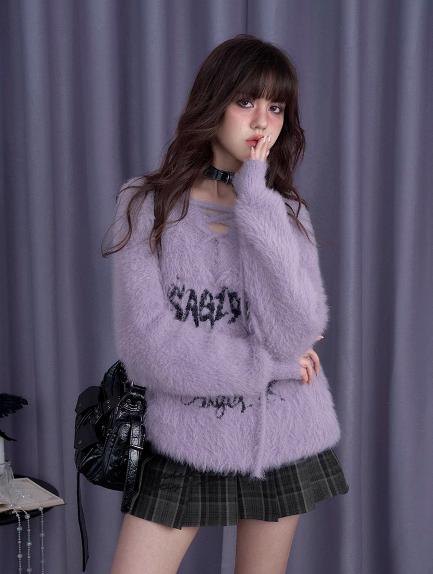 Fluffy Purple Rabbit V-neck Imitation Mink Loose Sweater SAG0198