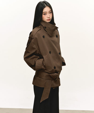Dark Brown Stand Collar Short Trench Coat ANA0112