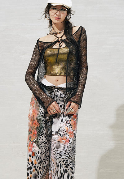 Lace Metallic Cross-strap Top+Cardigan OFA0270