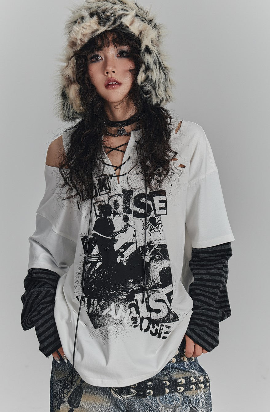 Punk Splicing Striped V-neck T-shirt KIN0133