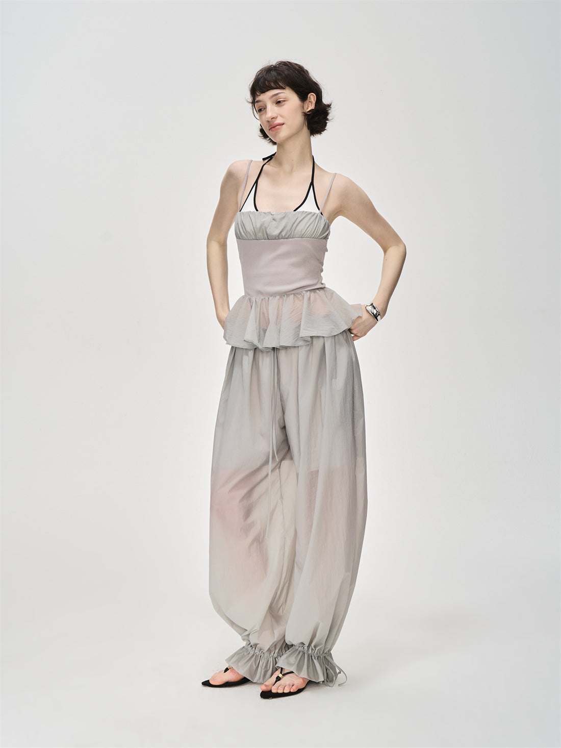 Translucent Pleated Loose Drawstring Pants CUR0231