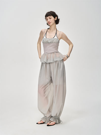 Translucent Pleated Loose Drawstring Pants CUR0231