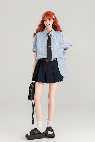 Blue Plaid Short-sleeved Shirt/Pleated Skirt/Black Tie KEI0091