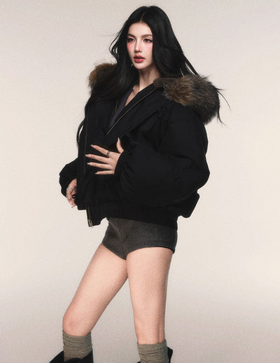 Black Hooded Large Fur Collar Down Jacket LUL0213