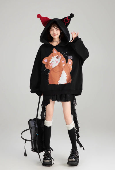 Cat Printed Loose Hooded Black Sweatshirt/Skirt KEI0181