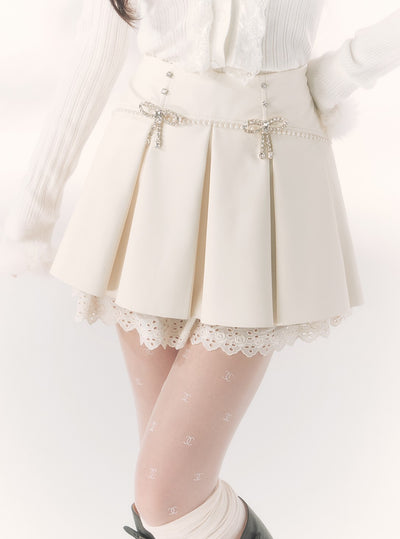 White Diamond Bow Lace Leather Skirt BBB0098