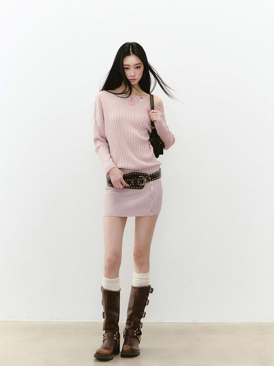 Off Shoulder Button Knitted Dress VIA0267