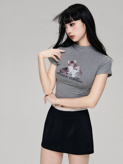 Funny Cat Printed Straight Shoulder Short Sleeve T-shirt LUL0065