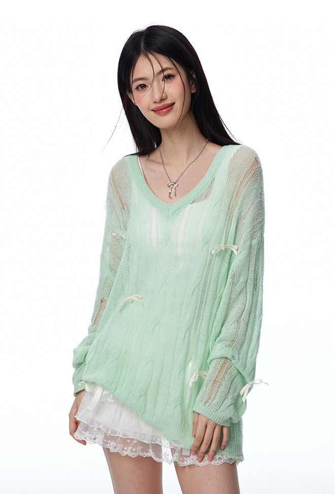 Lazy Style Mint Green Irregular Hollow Bow Knit/Camisole NTO0115