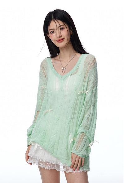 Lazy Style Mint Green Irregular Hollow Bow Knit/Camisole NTO0115