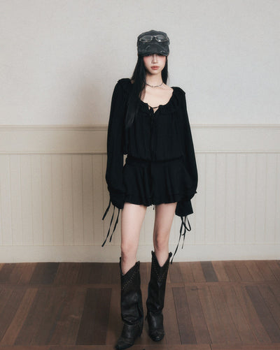 Ruffled Chiffon Satin Shirt Dress LUL0170