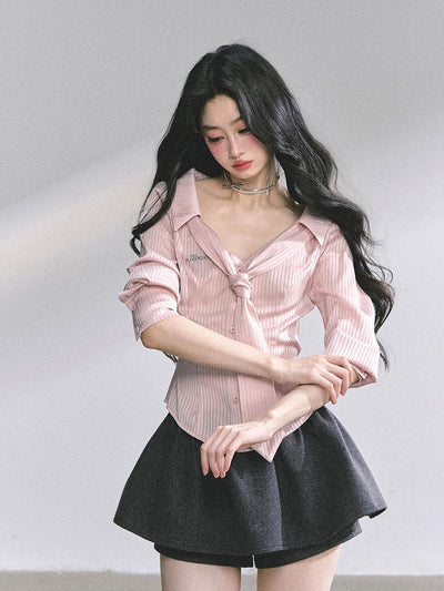 Pink Polo Collar Striped Shirt  DIA0570