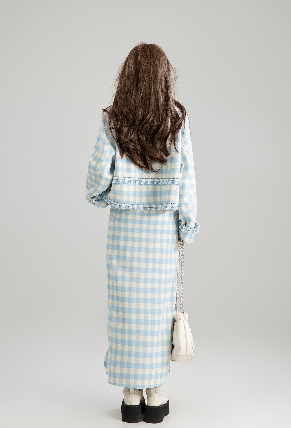 Blue And White Plaid French Short Jacket/Slit Skirt KEI0169