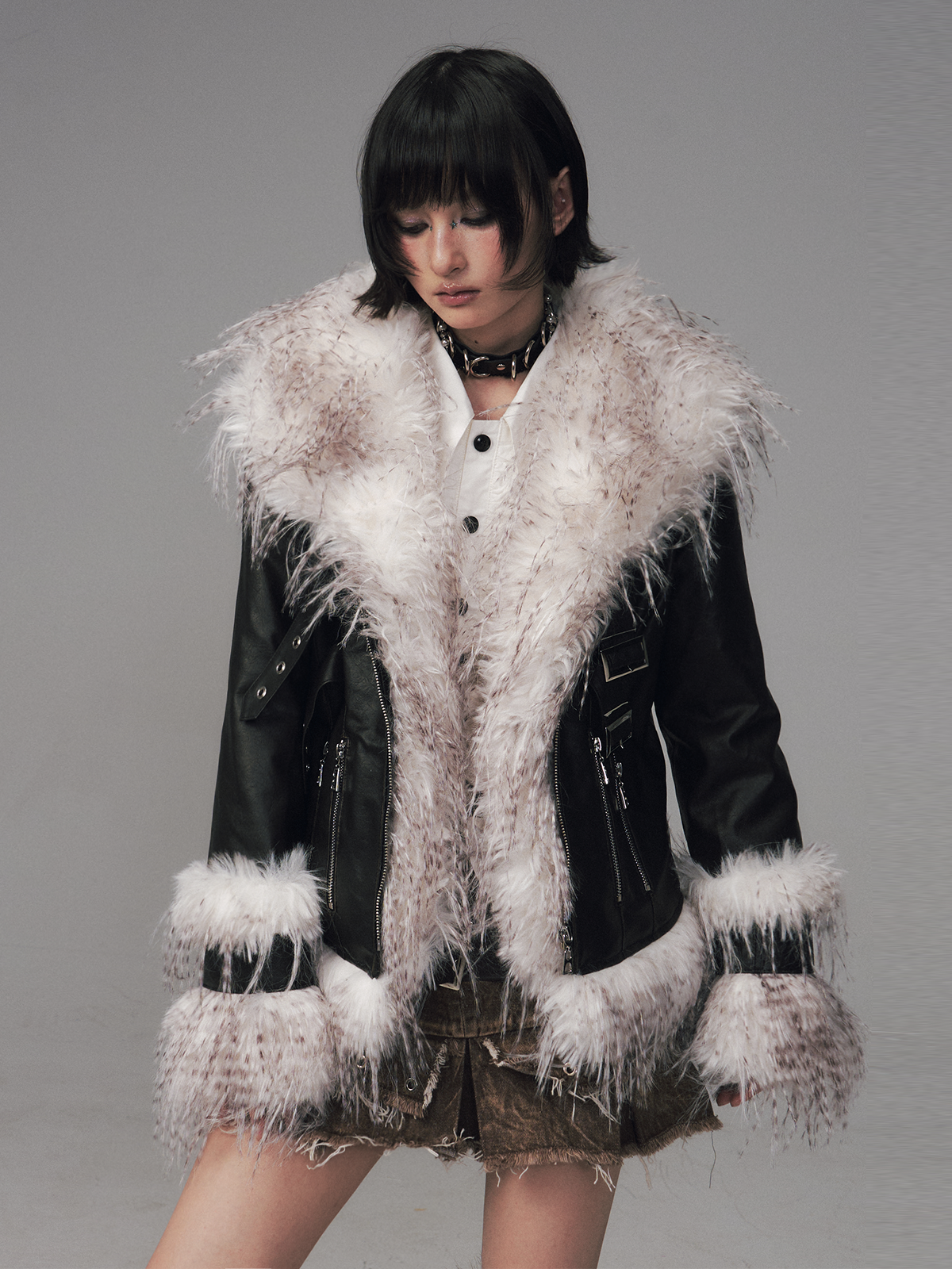 Large Fur Collar Short Coat FRU0129