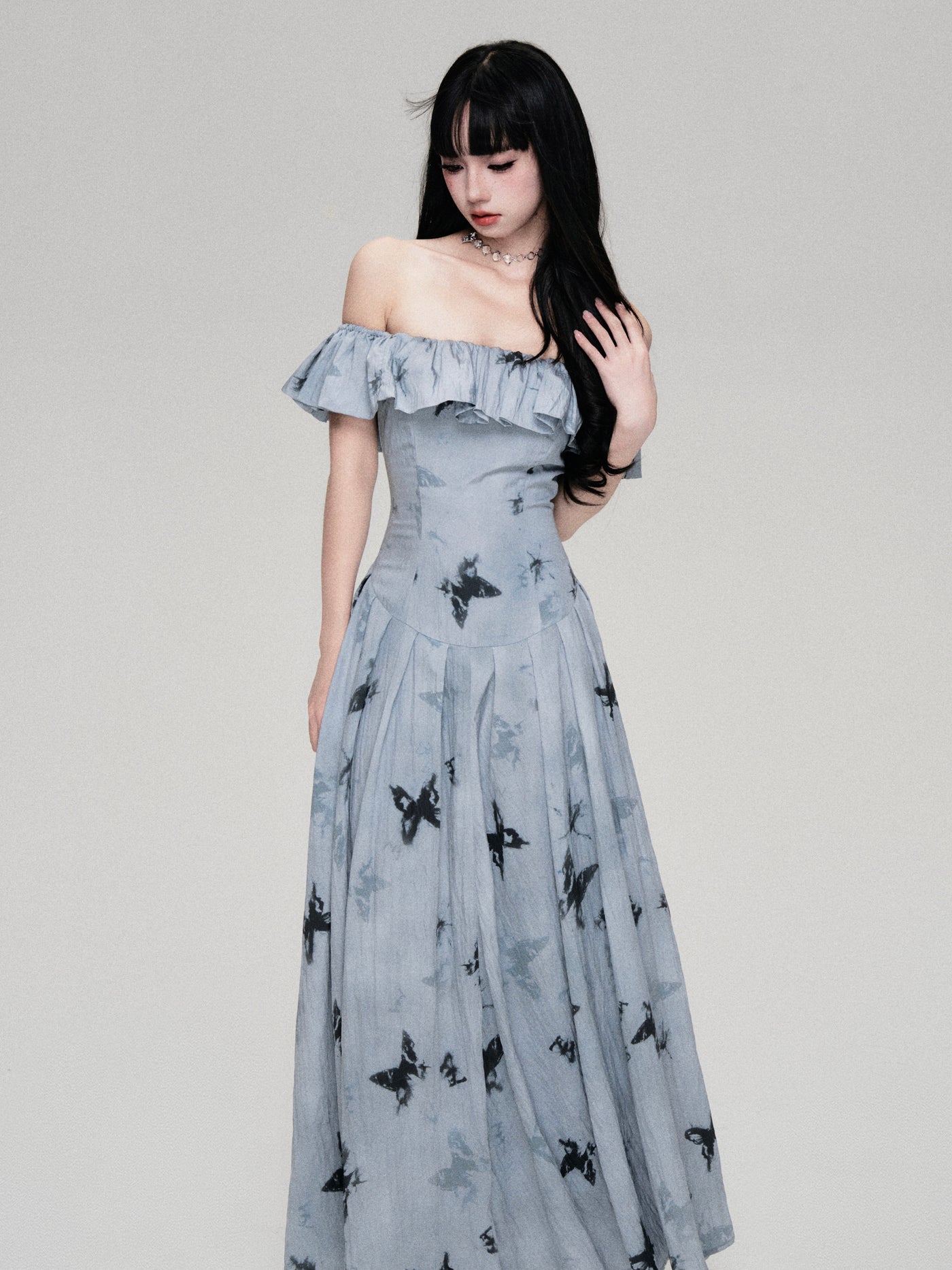 Water Blue Dreamy French One Shoulder Butterfly Printed Dress LUL0077